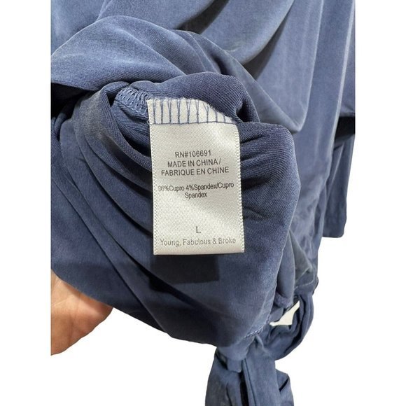 YFB Womens Large Top Blouse Blue V Neck Wrap Woven L/S Collar Cupro Spandex - Picture 8 of 9